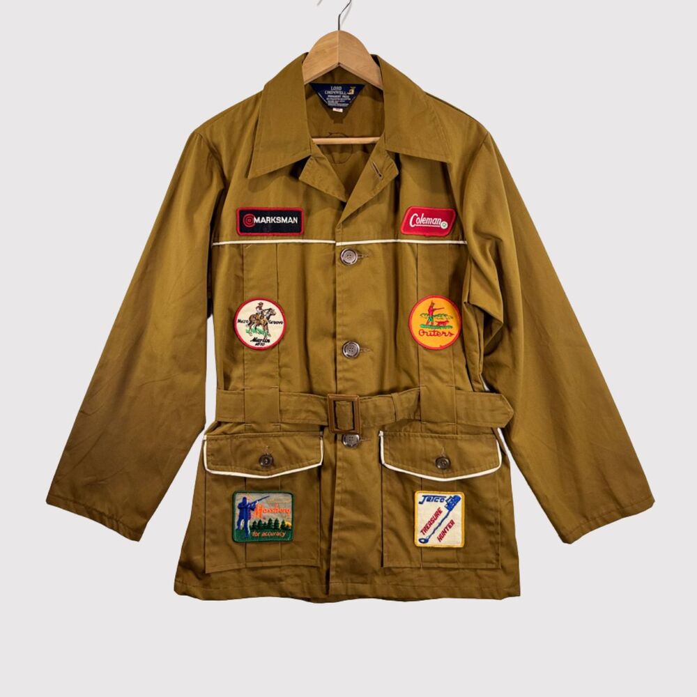 VTG Lord Cromwell Mens Hunting Shirt Brown Belted Utility Field Patch 60s Medium